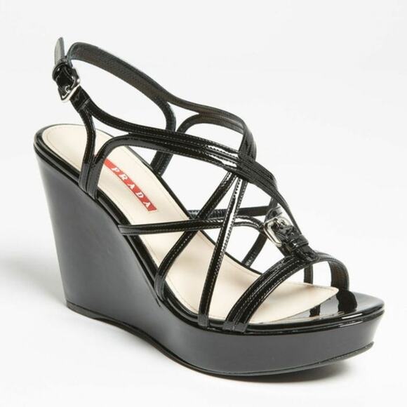 Prada Black Patent Leather Strappy Buckled Wedge Sandals - Picture 1 of 16